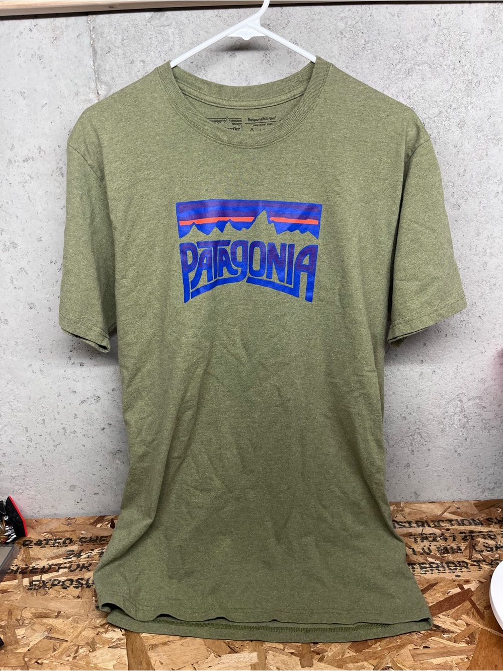 Patagonia Short-Sleeve Logo Tee in Olive Green with Blue & Red Accent